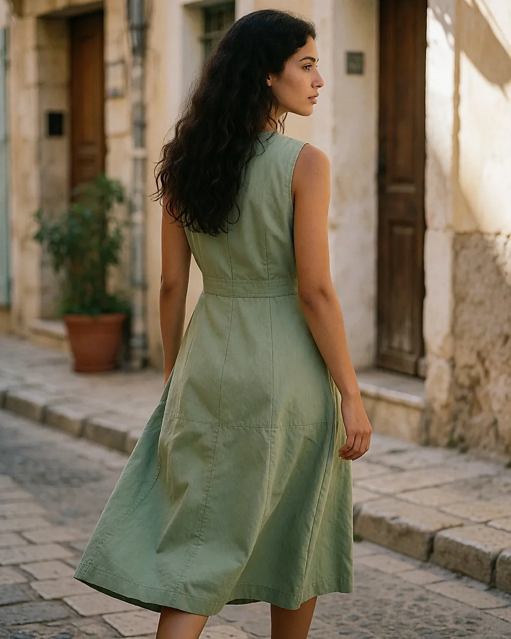 Junge Frau von schräg hinten, die in einer ruhigen Straße geht, Midikleid aus Bio-Baumwolle, goldenes Morgenlicht