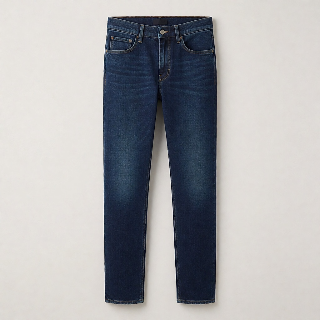 Un jean ajusté indigo brut, coupe homme.
