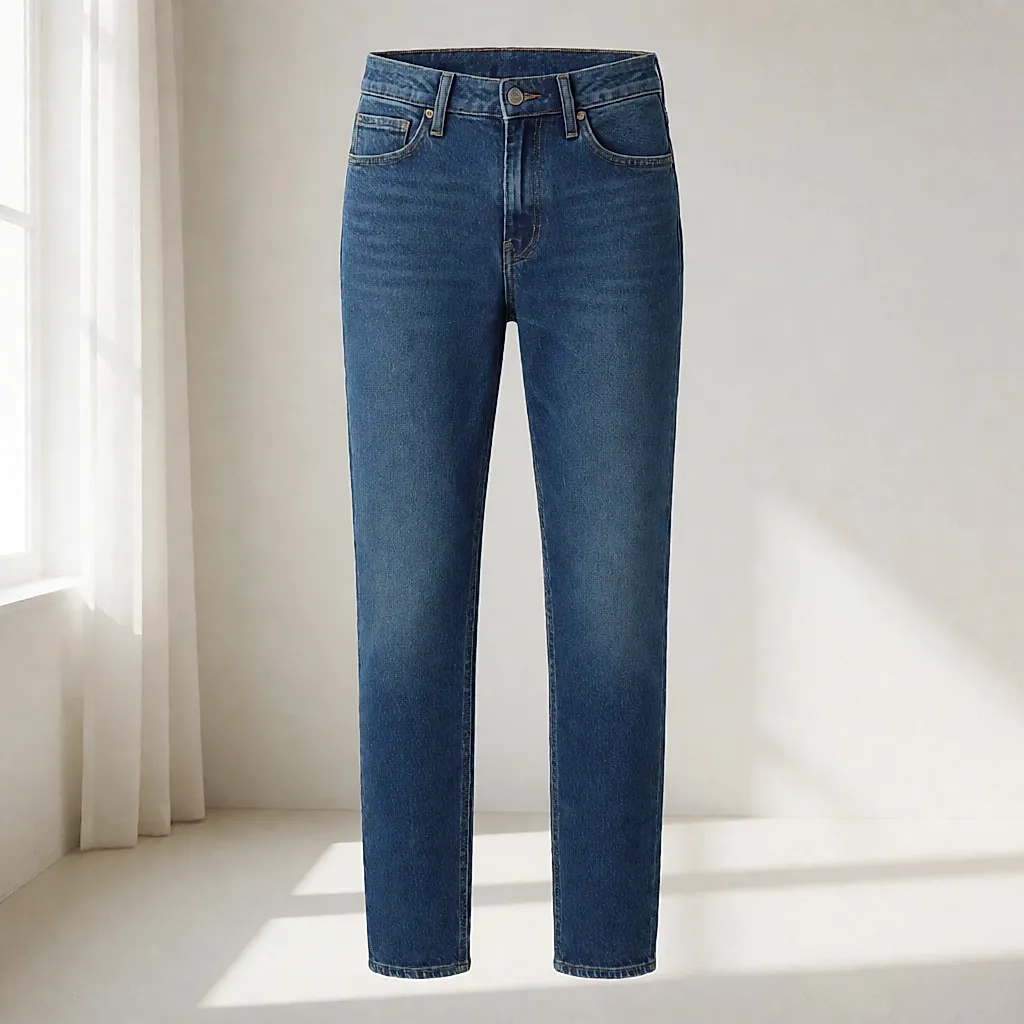 Eine schmal geschnittene Jeans aus rohem Indigo, Herrenschnitt.