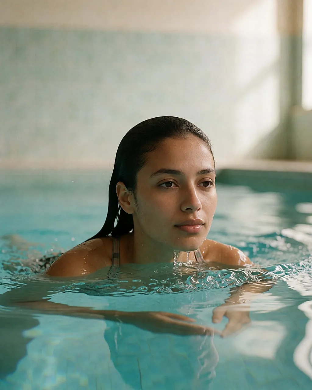 Schwimmerin an der Wasseroberfläche, nasses Gesicht beim Ausatmen