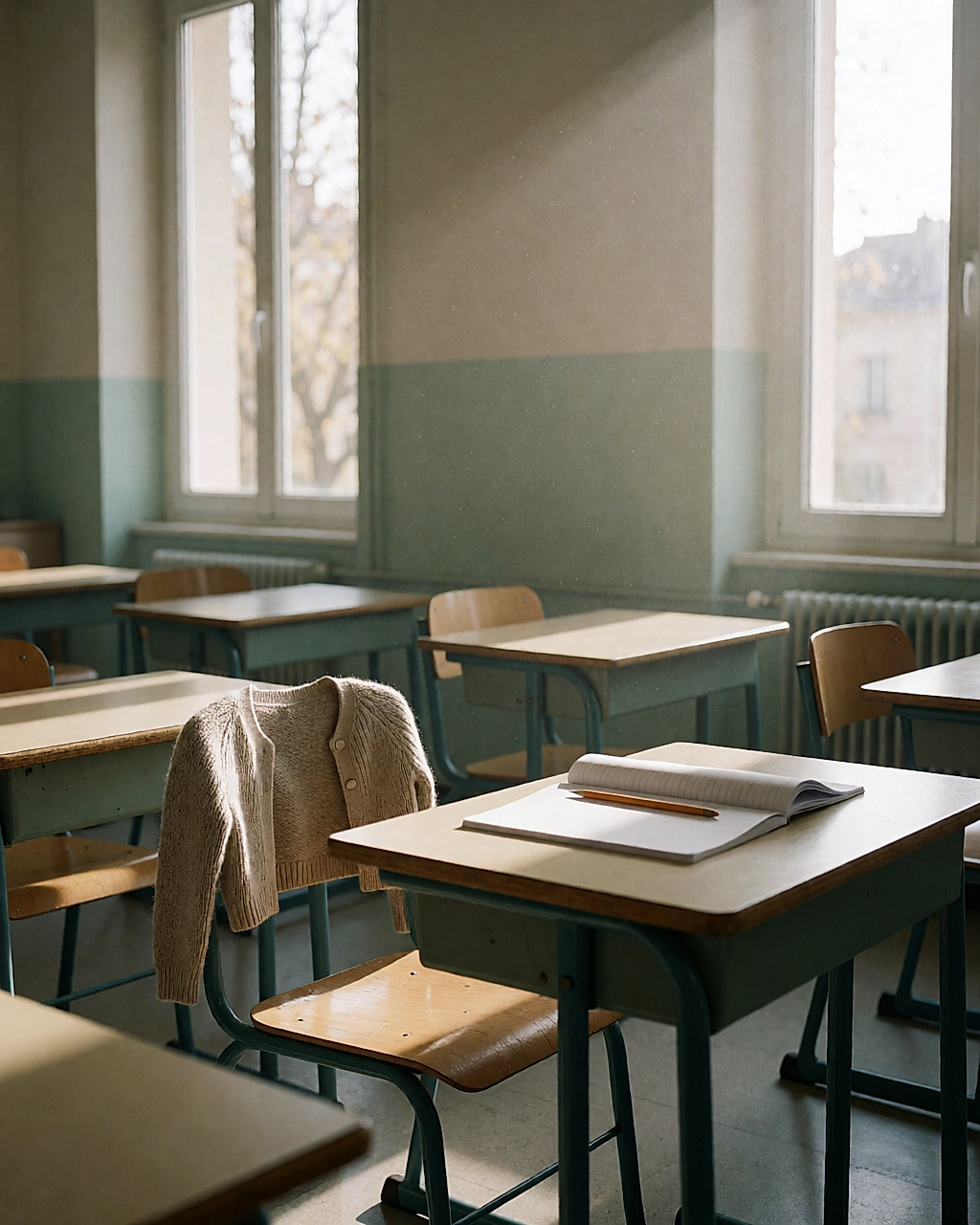 Salle de classe vide le matin, une chaise reculée et un gilet oublié sur le dossier