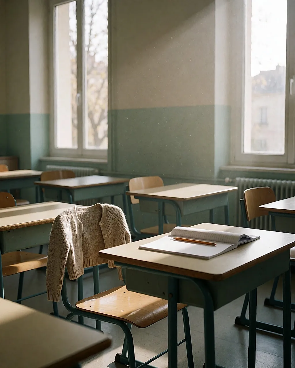 Leeres Klassenzimmer am Morgen, ein zurückgeschobener Stuhl und eine vergessene Jacke über der Lehne