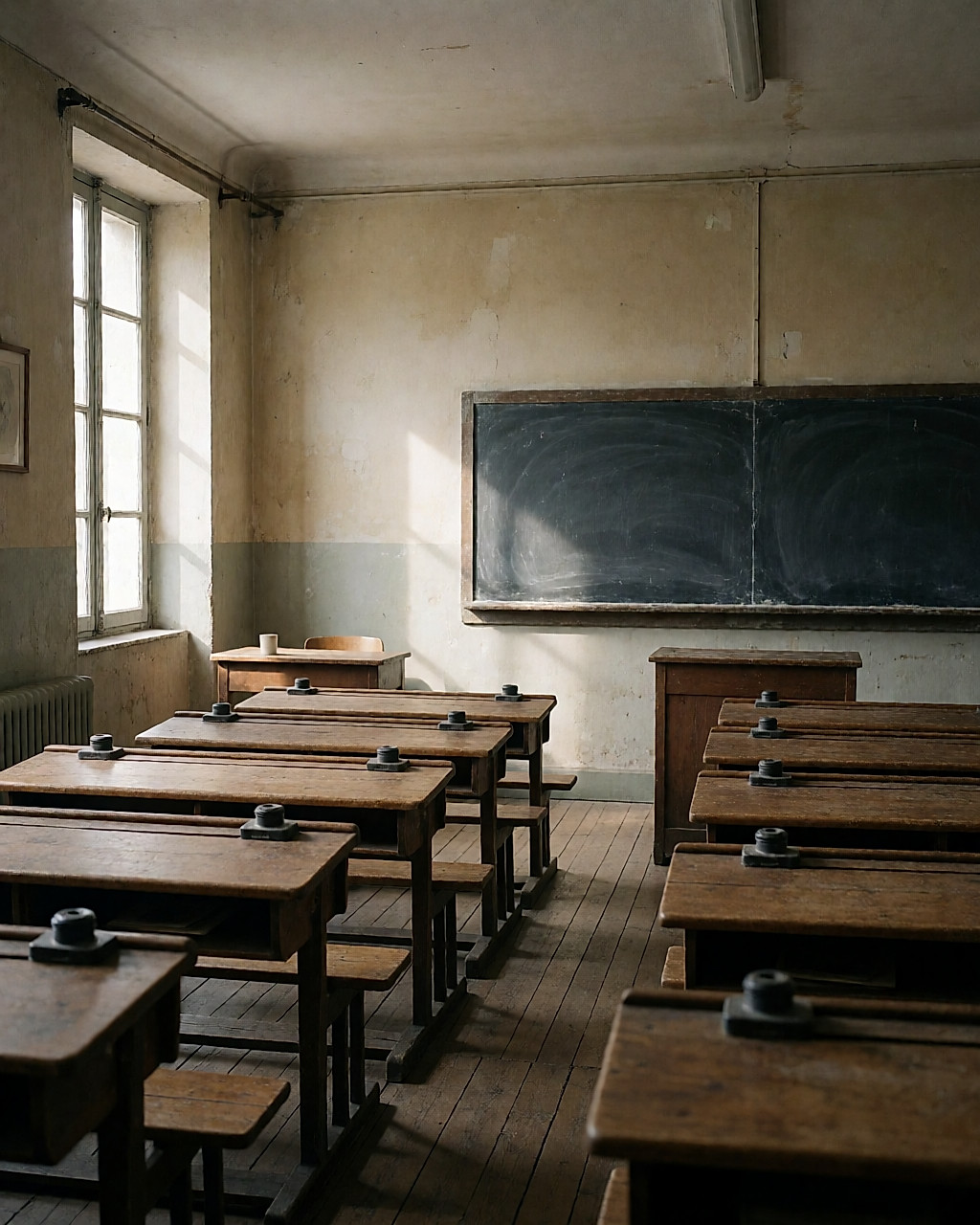 Ancienne salle de classe aux pupitres de bois, tableau d'ardoise et lumière poussiéreuse