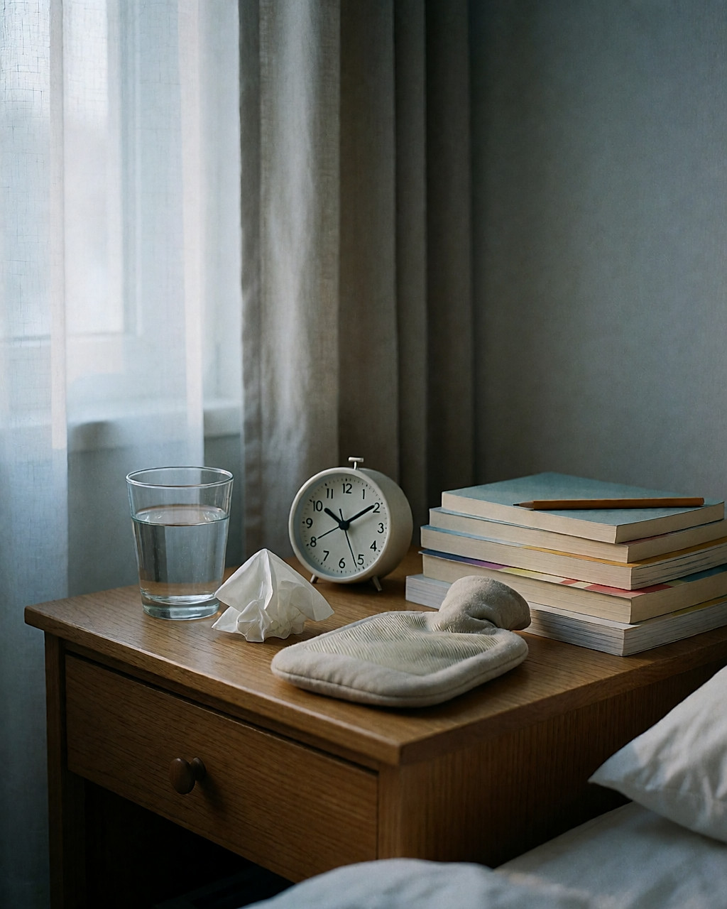 Table de chevet à l'aube : verre d'eau, bouillotte, livres scolaires et réveil