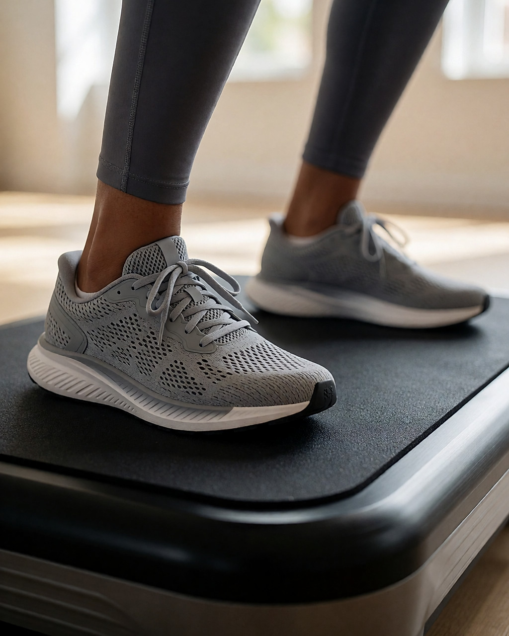 Détail des pieds en baskets sur le plateau strié d'une plateforme vibrante, en position de squat.