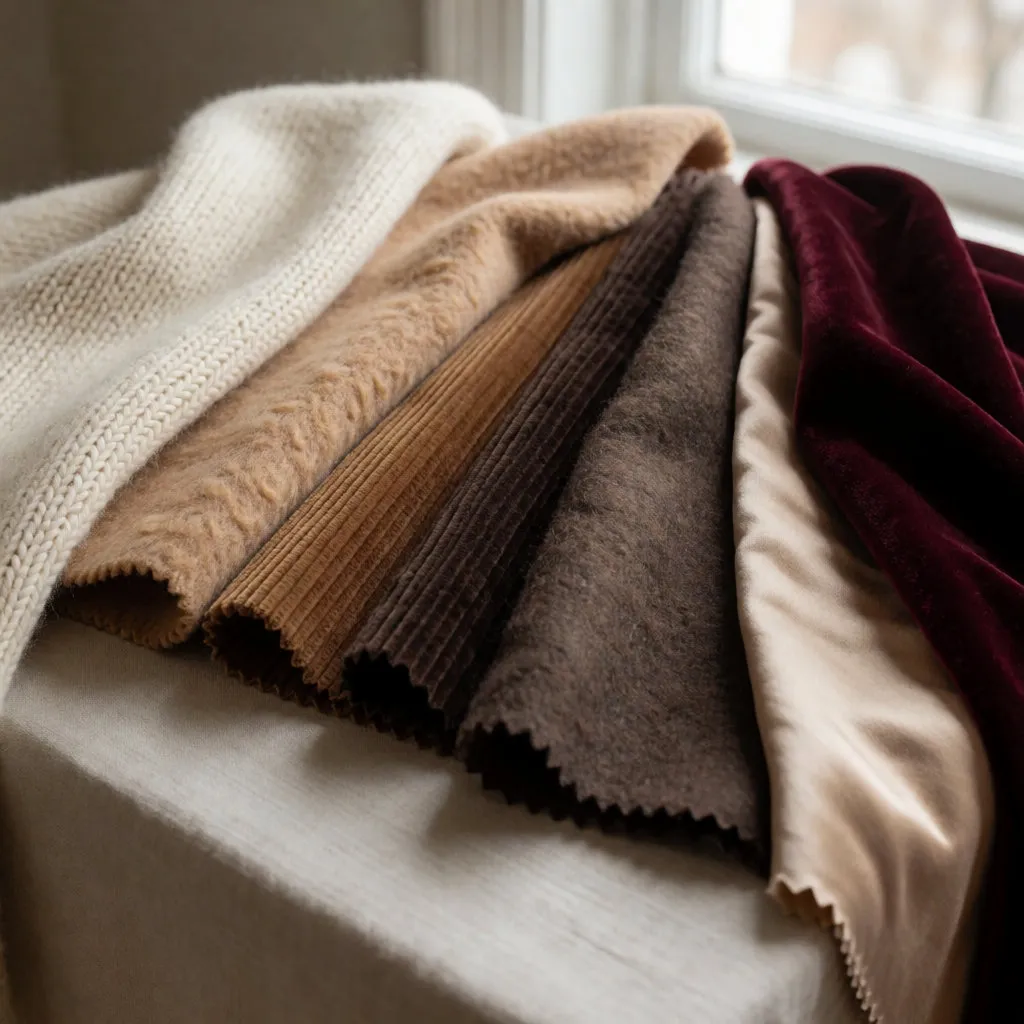 Samples of merino wool, alpaca, corduroy and lined satin laid out on a linen tablecloth