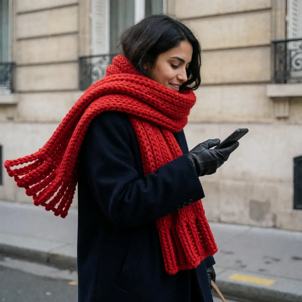 Young woman in a dark coat, oversized chunky-knit scarf and touchscreen gloves on a winter street