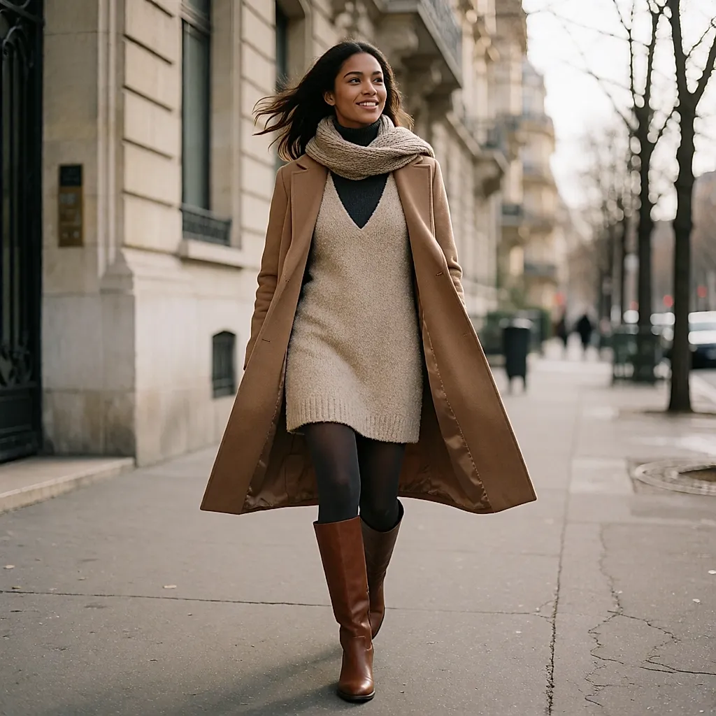 Vestido curto de inverno usado com meias-calças opacas, botas altas e casaco de lã aberto, numa rua fria