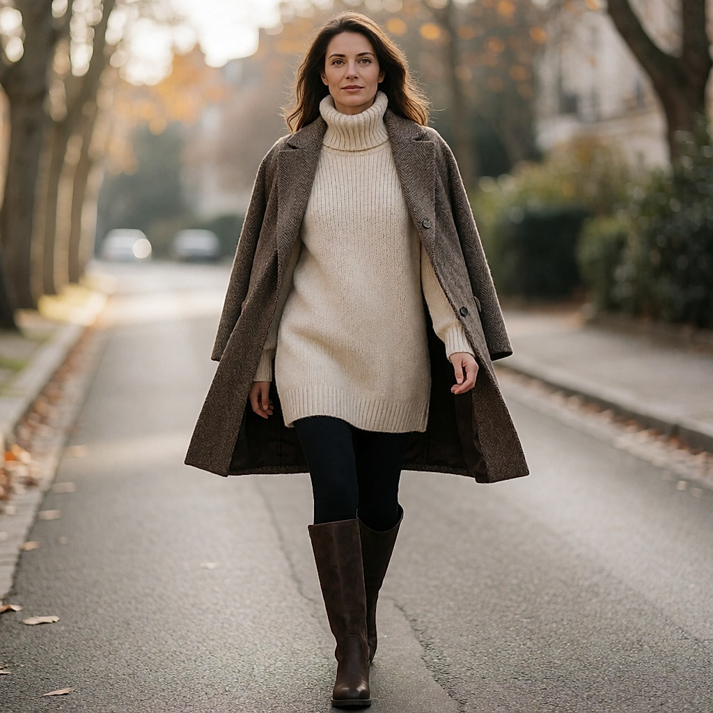 A woman walking down the street in a short winter dress, opaque tights, knee-high boots and an open wool coat