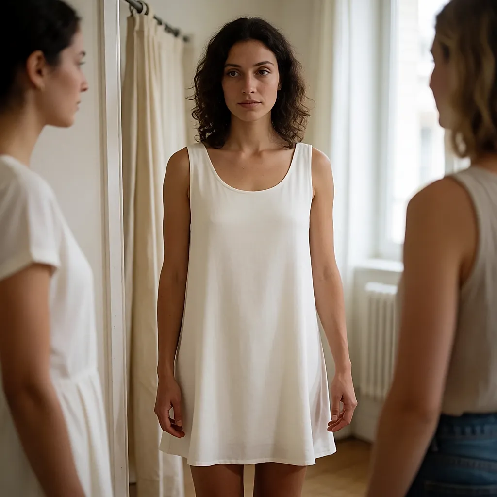 Young woman adjusting the drape of a short, clean-cut thick-jersey dress in a fitting room