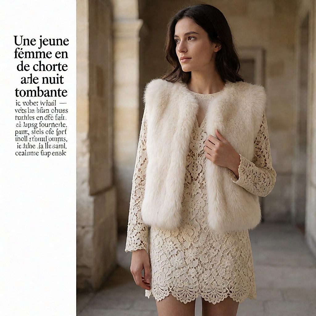 Young woman in a short knit dress and sleeveless faux-fur jacket at dusk