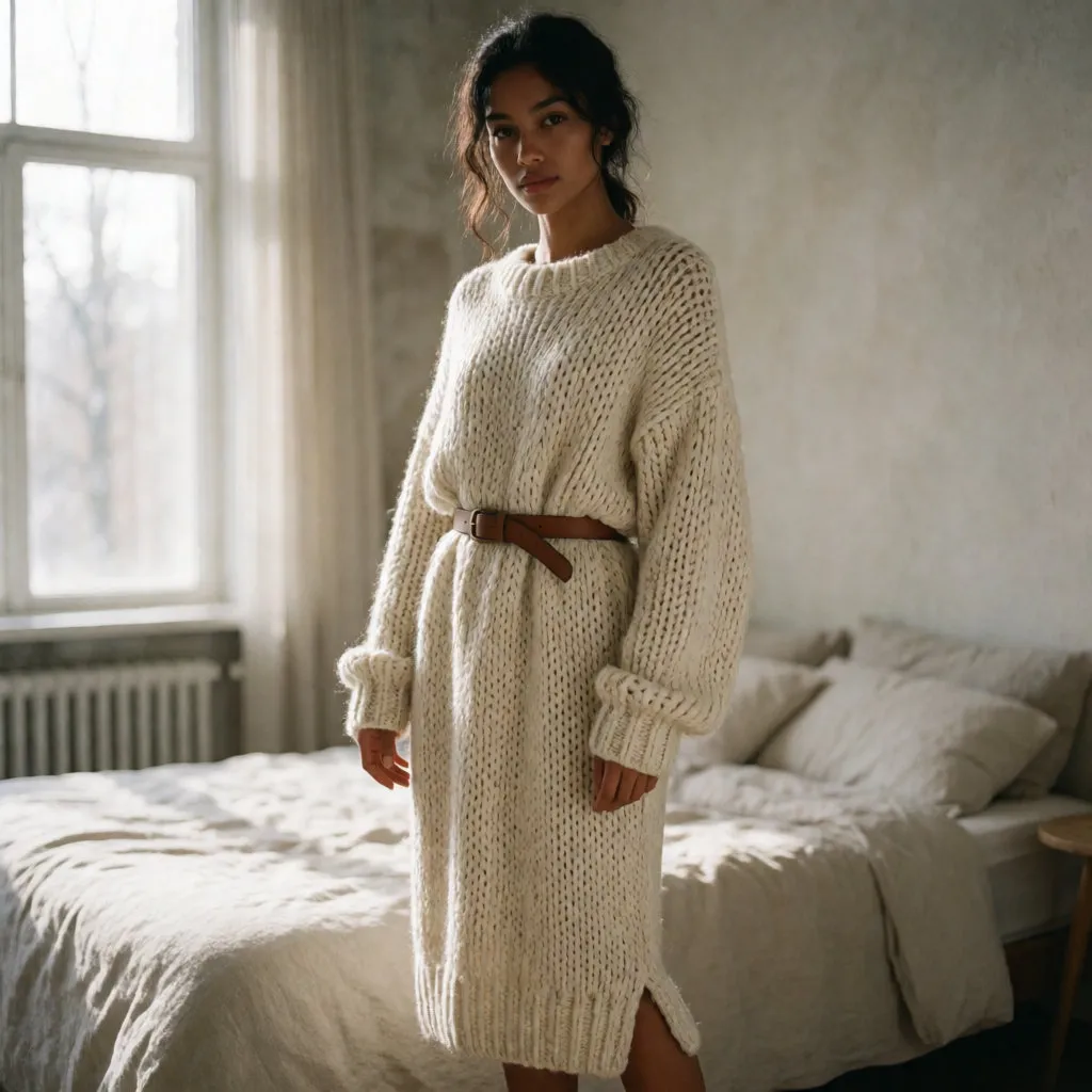Jeune femme latina en robe pull oversize crème ceinturée, debout dans une chambre lumineuse