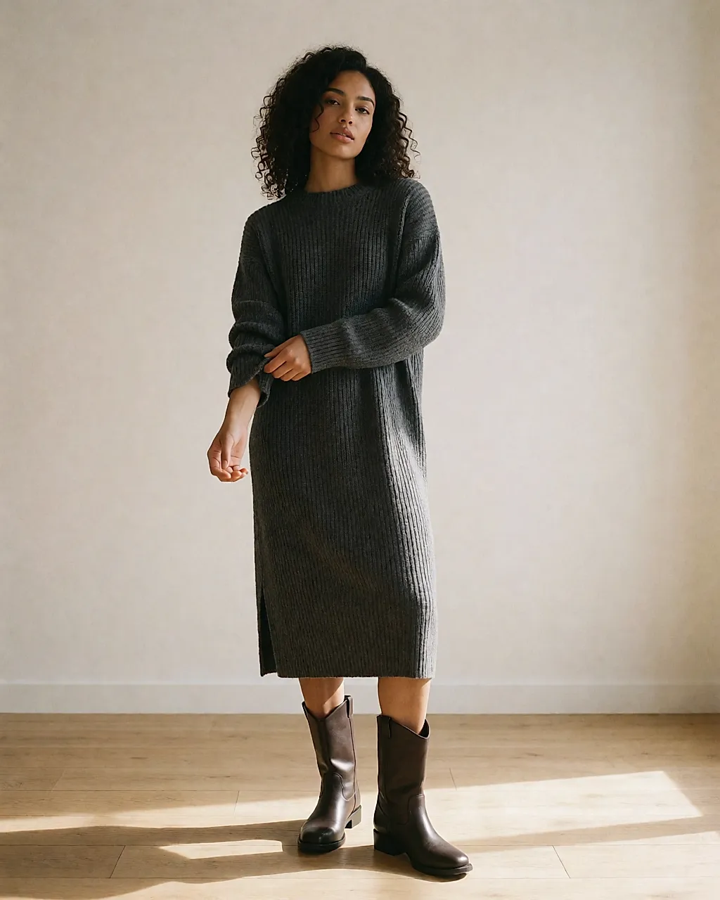 Femme debout en robe pull midi grise et bottes, longueur visible sous le genou