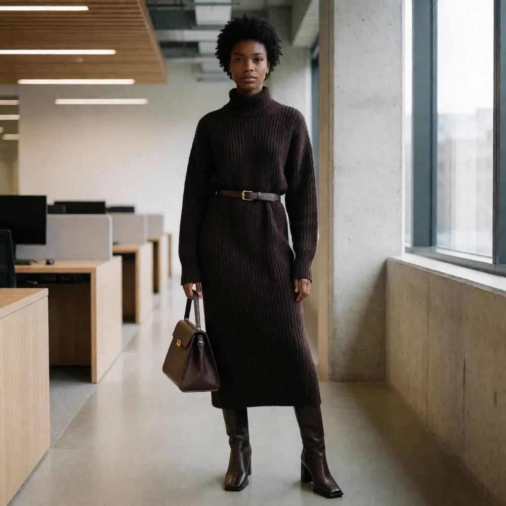 Jeune femme noire en robe pull marron ceinturée, bottes à talon carré et sac structuré, dans un bureau