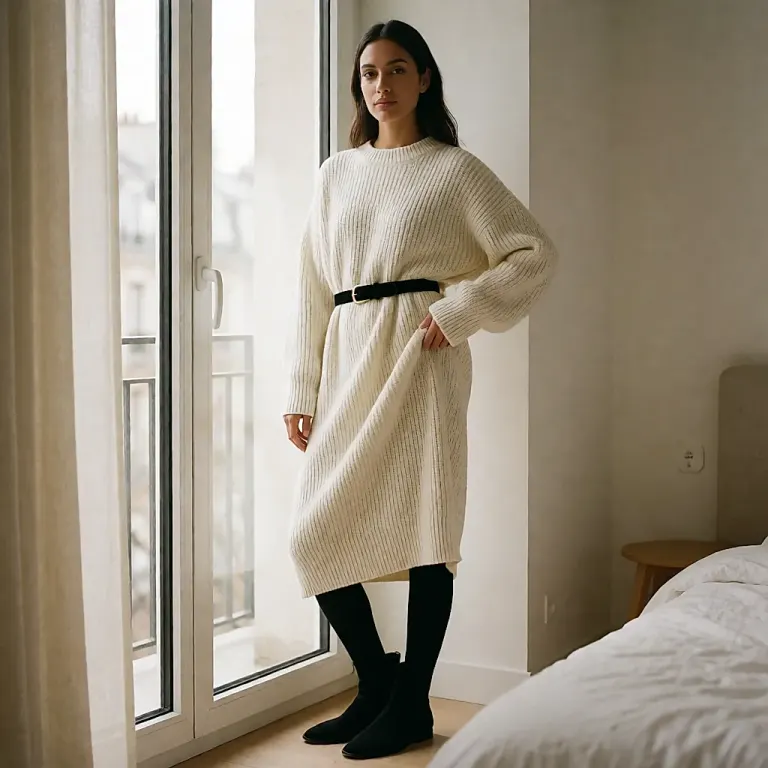 The jumper dress, this season's long knit piece, balancing comfort and style