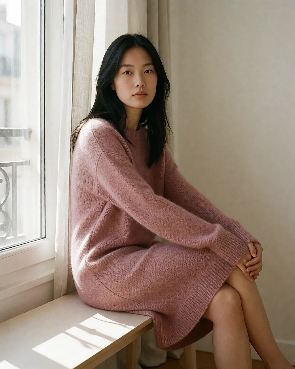 Jeune femme assise en robe pull longue rose poudré près d'une fenêtre