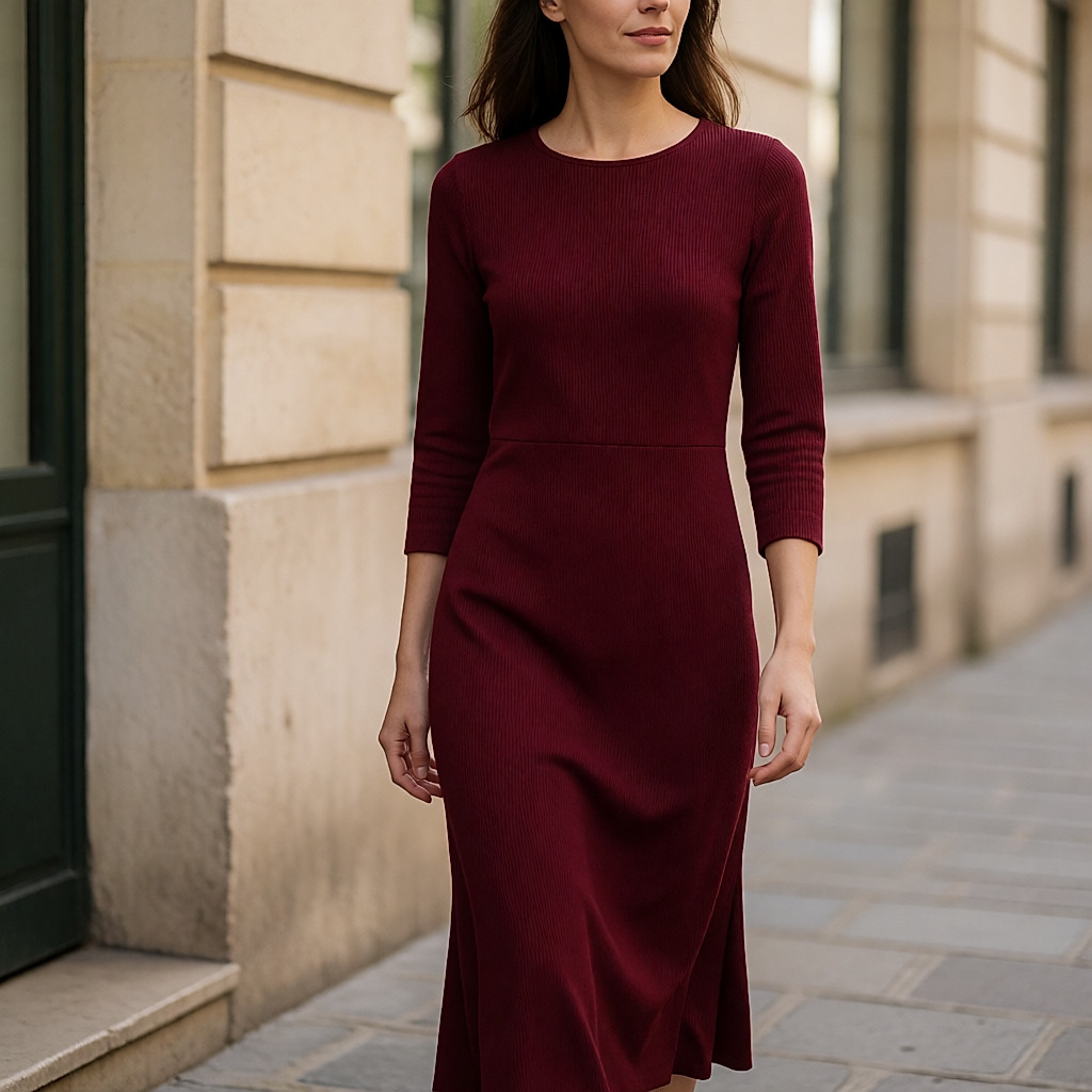 Femme marchant en ville dans une robe pull midi côtelée bordeaux