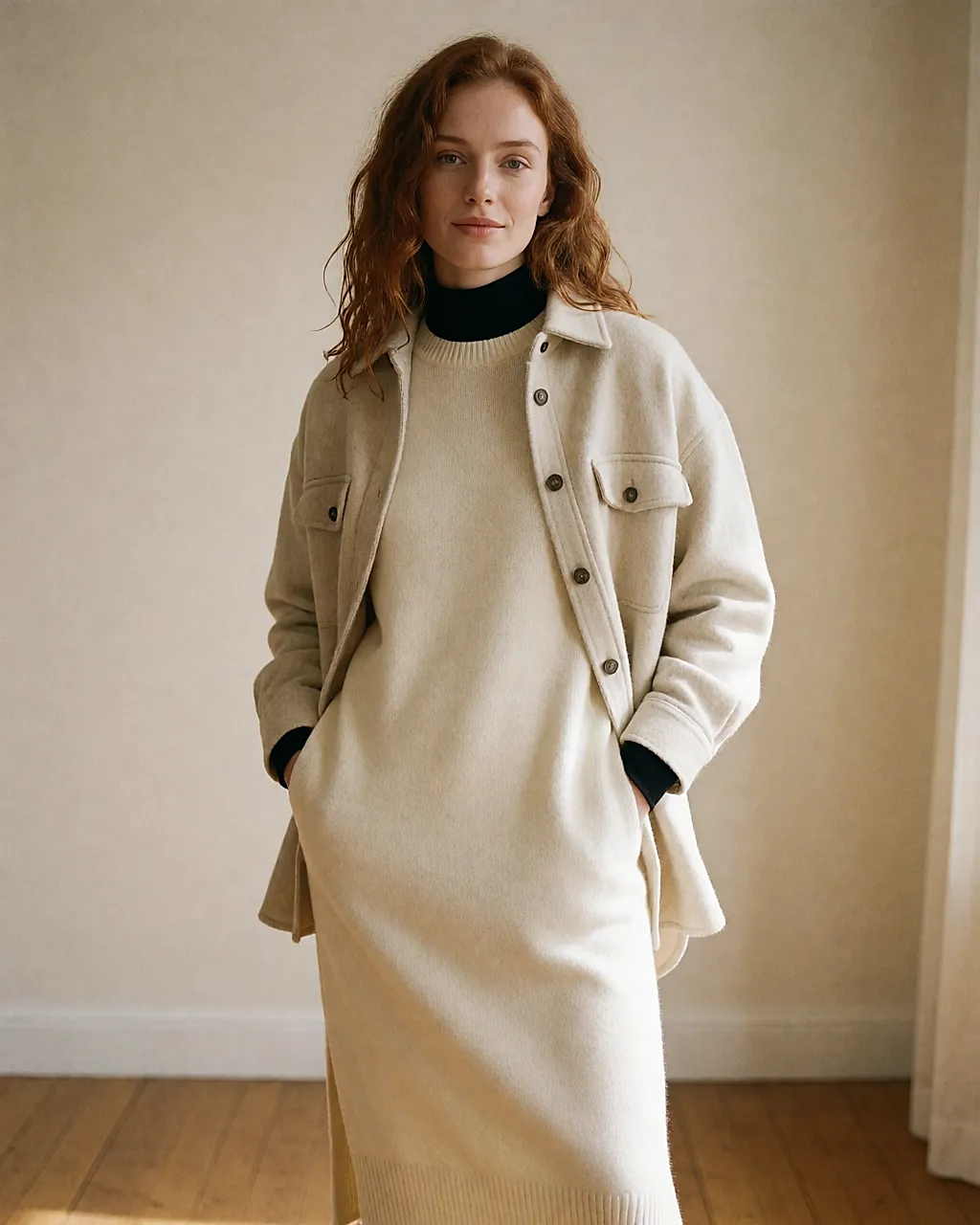 Robe pull crème portée sur un col roulé fin et une surchemise ouverte