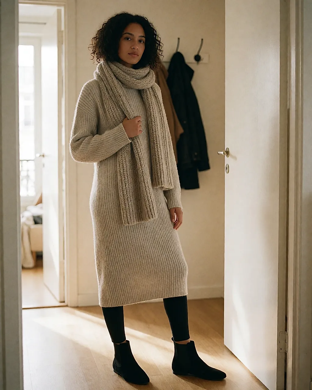 Robe pull midi beige, legging noir, bottines plates et grande écharpe