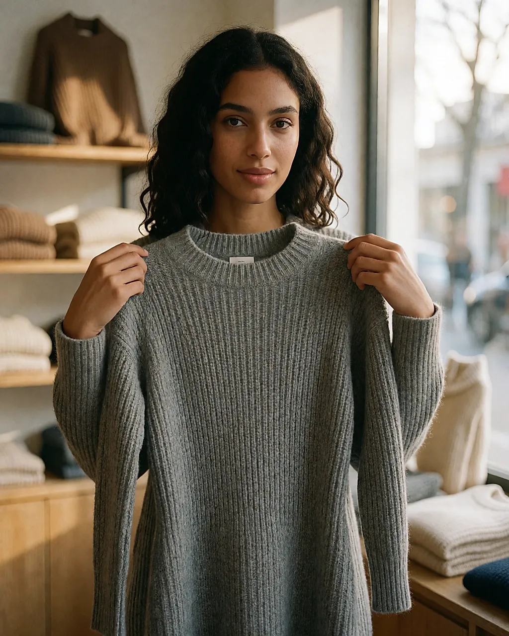 Femme en boutique tenant une robe pull grise en laine mélangée devant elle