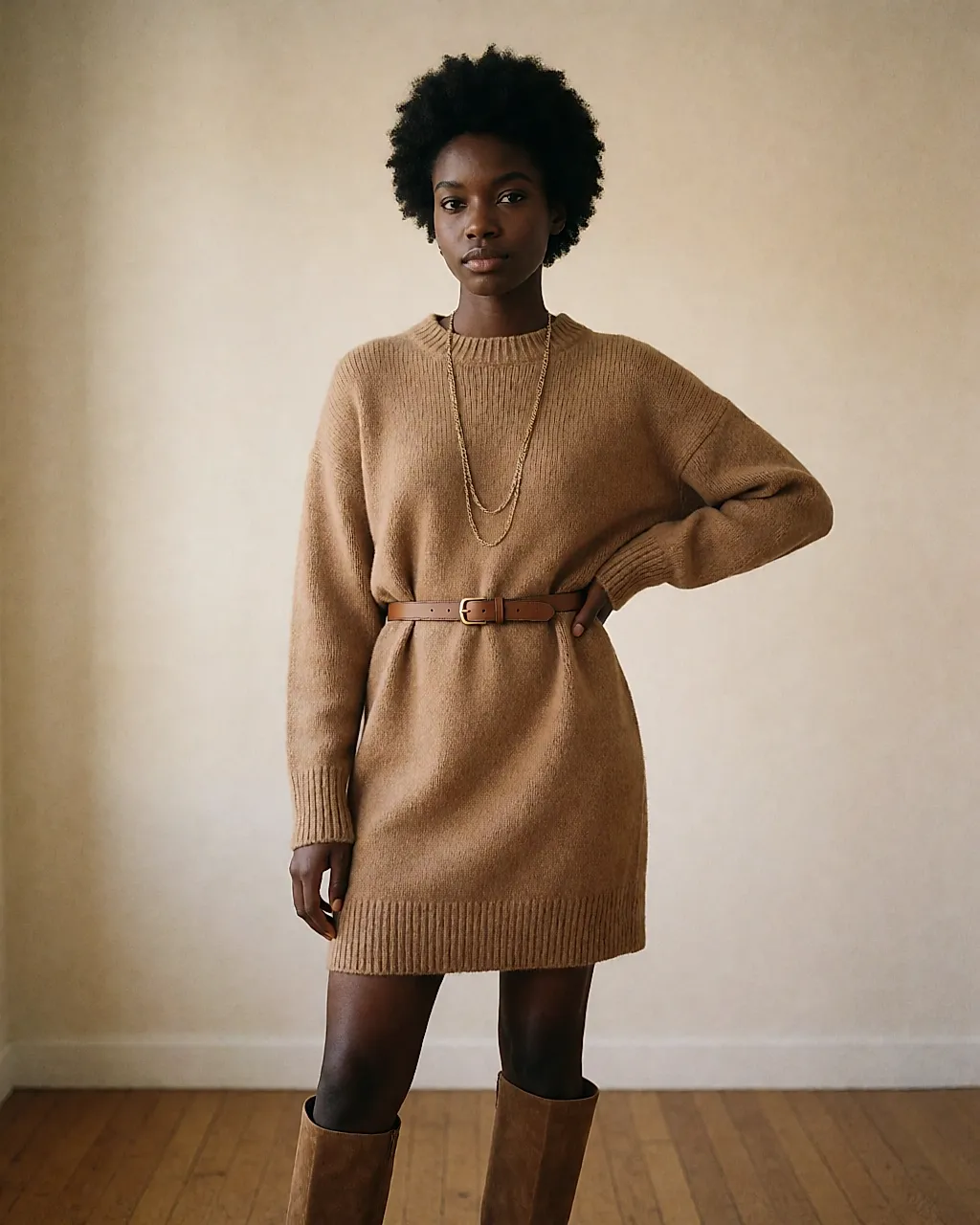 Robe pull camel ceinturée, bottes hautes et collier long, silhouette entière