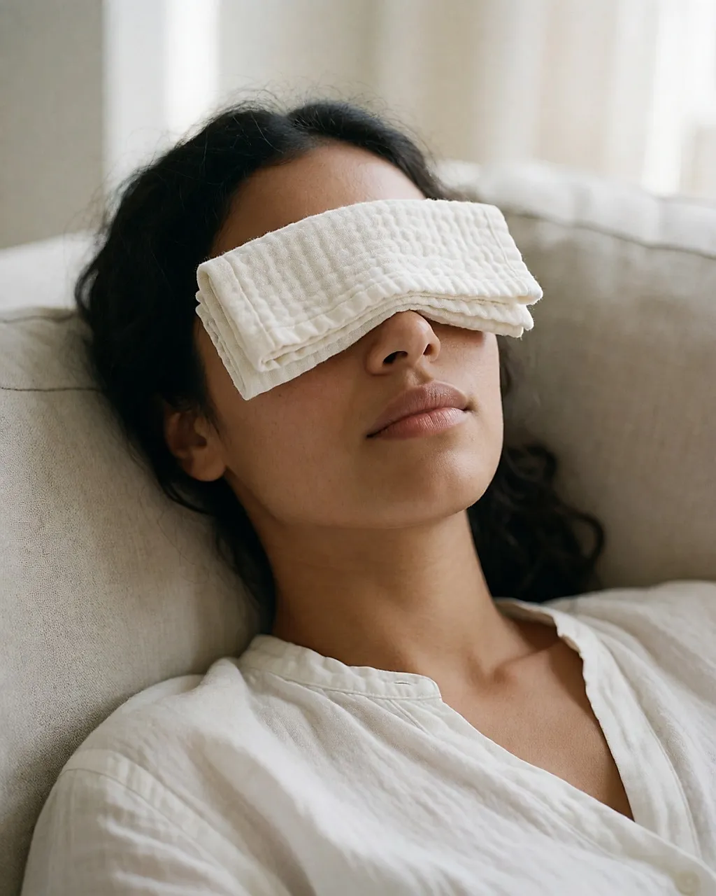 Young woman lying down, eyes closed under a cool cloth, in soft light