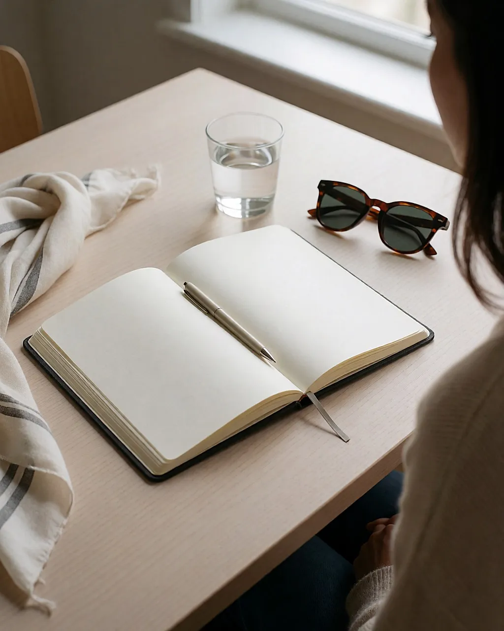 An open notebook, a pen and sunglasses on a light wooden table