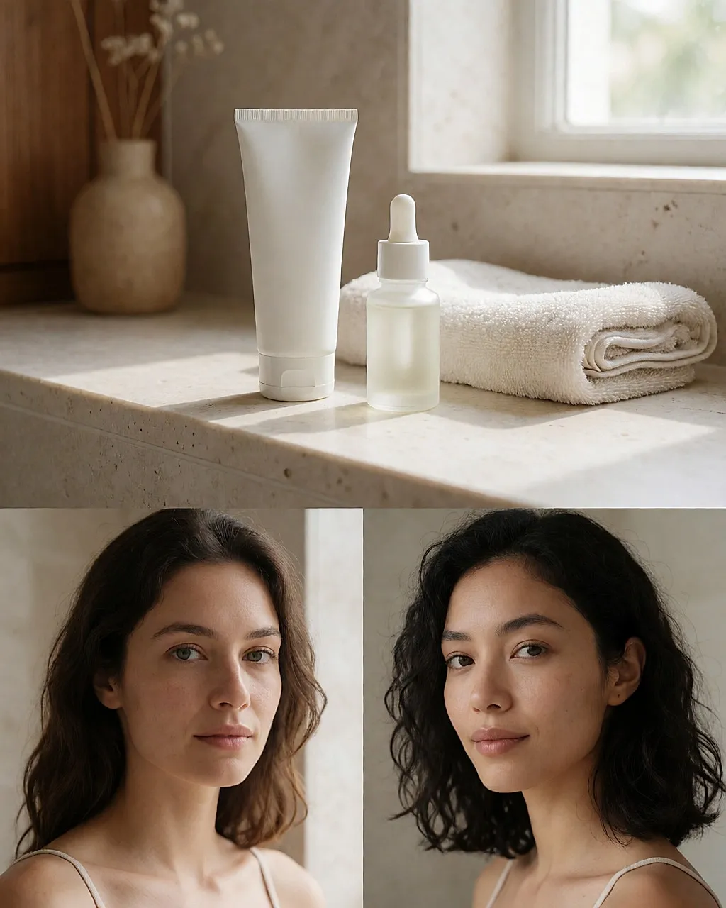 An unbranded cream tube and dropper bottle on a pale shelf