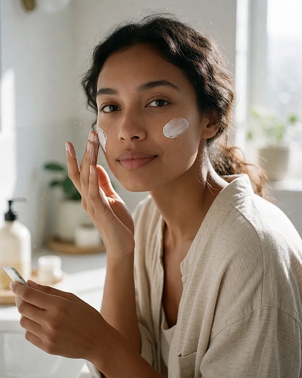 Young woman applying moisturiser to her cheek, natural light