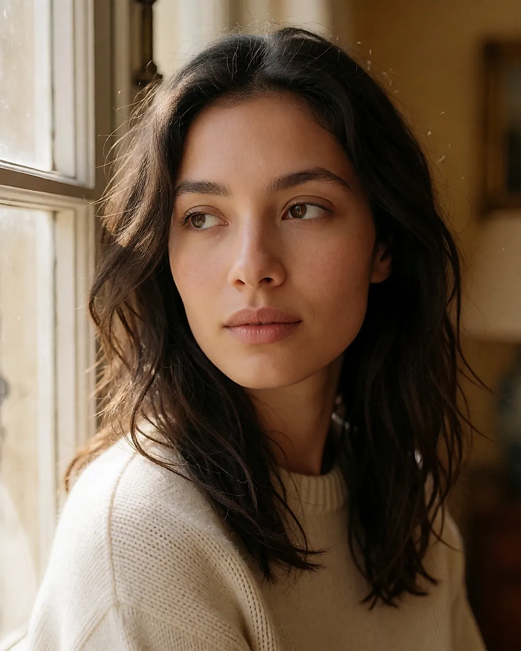 Young woman with mixed-heritage skin, faint redness on her cheeks, natural light