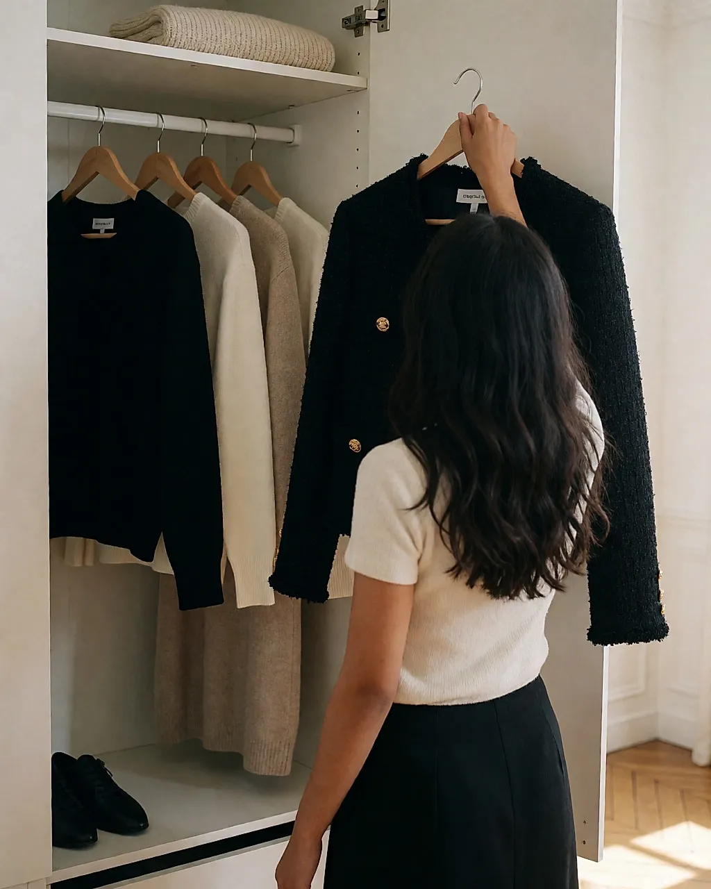 Eine Frau von hinten wählt eine Tweedjacke aus einer Capsule-Wardrobe