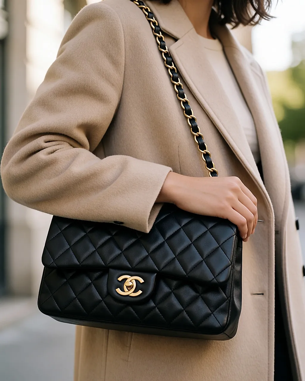 Eine gesteppte Tasche mit Kette über der Schulter, goldener Verschluss deutlich sichtbar