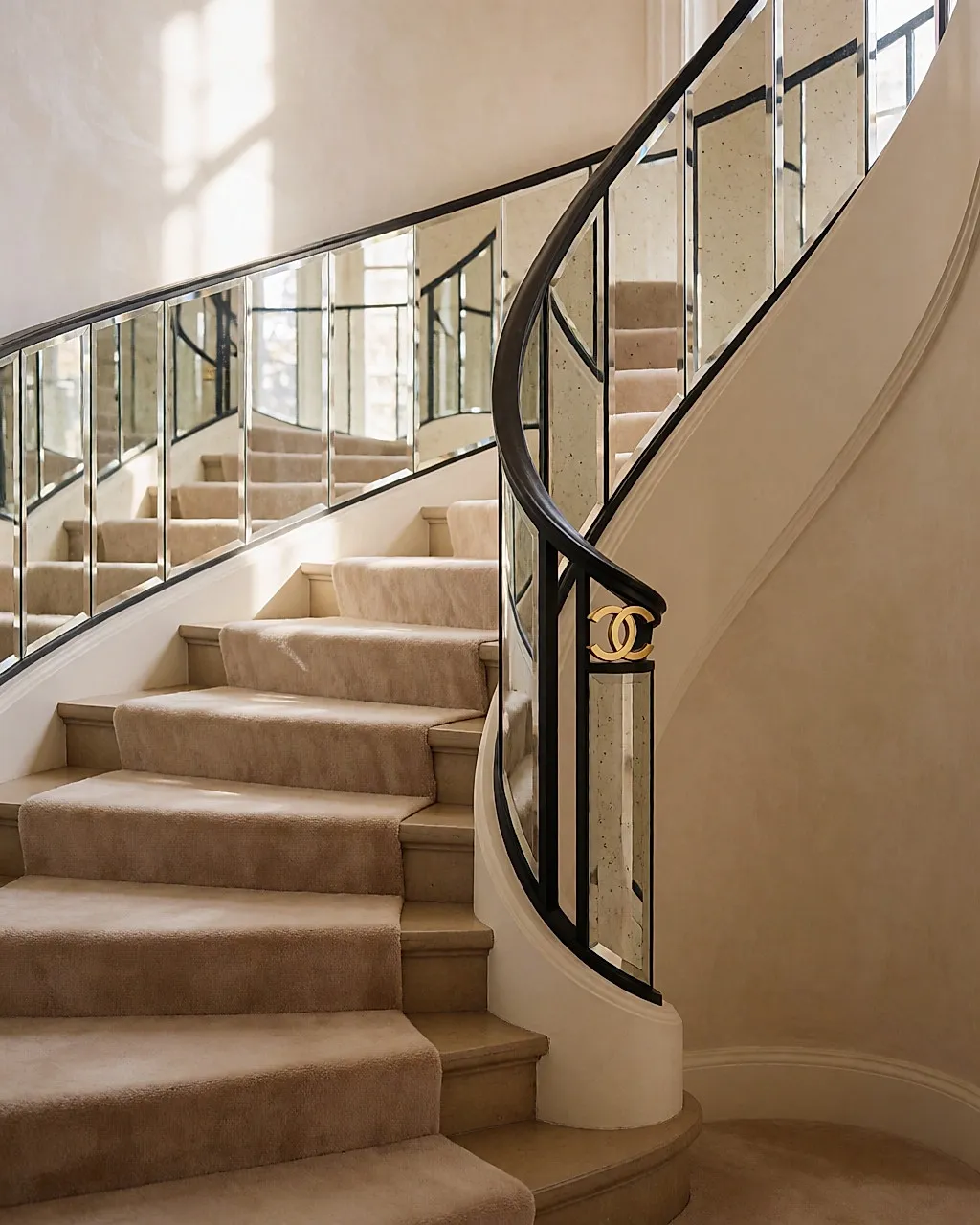 Die verspiegelte Treppe eines Pariser Couture-Hauses, menschenleer