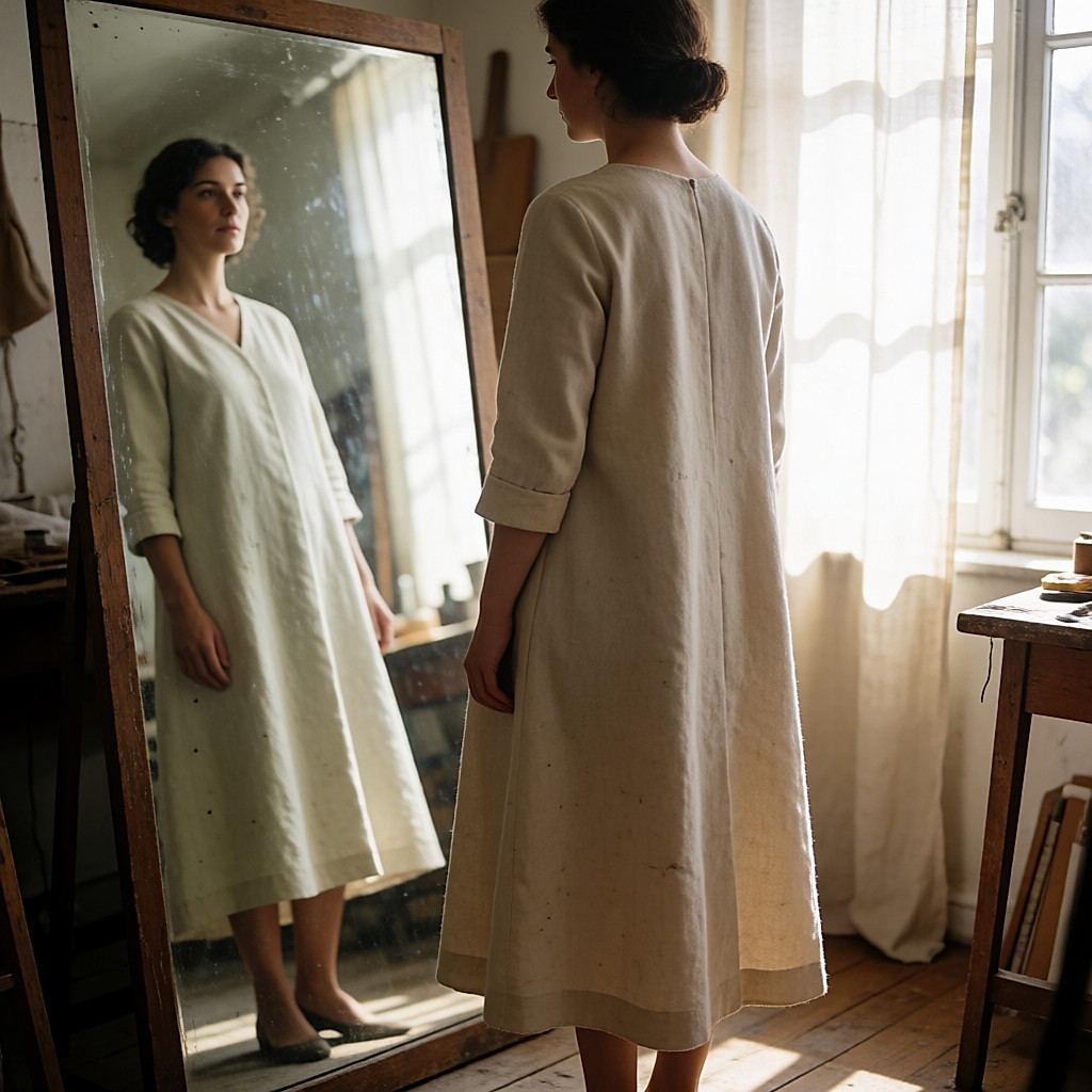 Young woman wearing a wool trapeze dress in front of an atelier mirror flooded with light