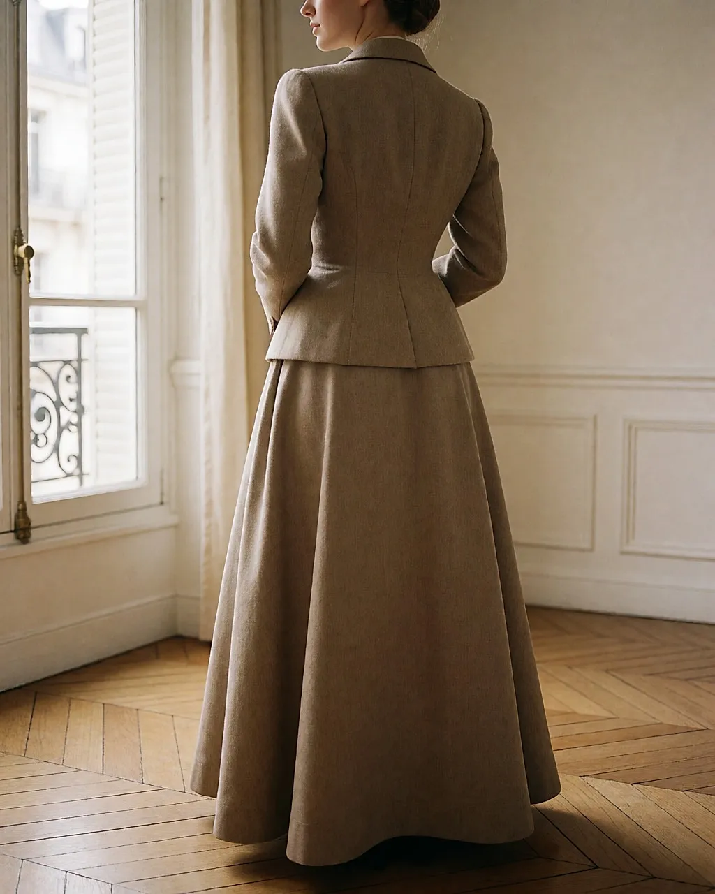 Woman seen from behind wearing a fitted jacket with rounded shoulders and a long, full skirt in an interior