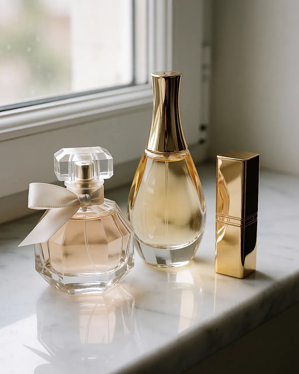 Three beauty objects on marble: a faceted perfume bottle, a gold-toned bottle and a lipstick case