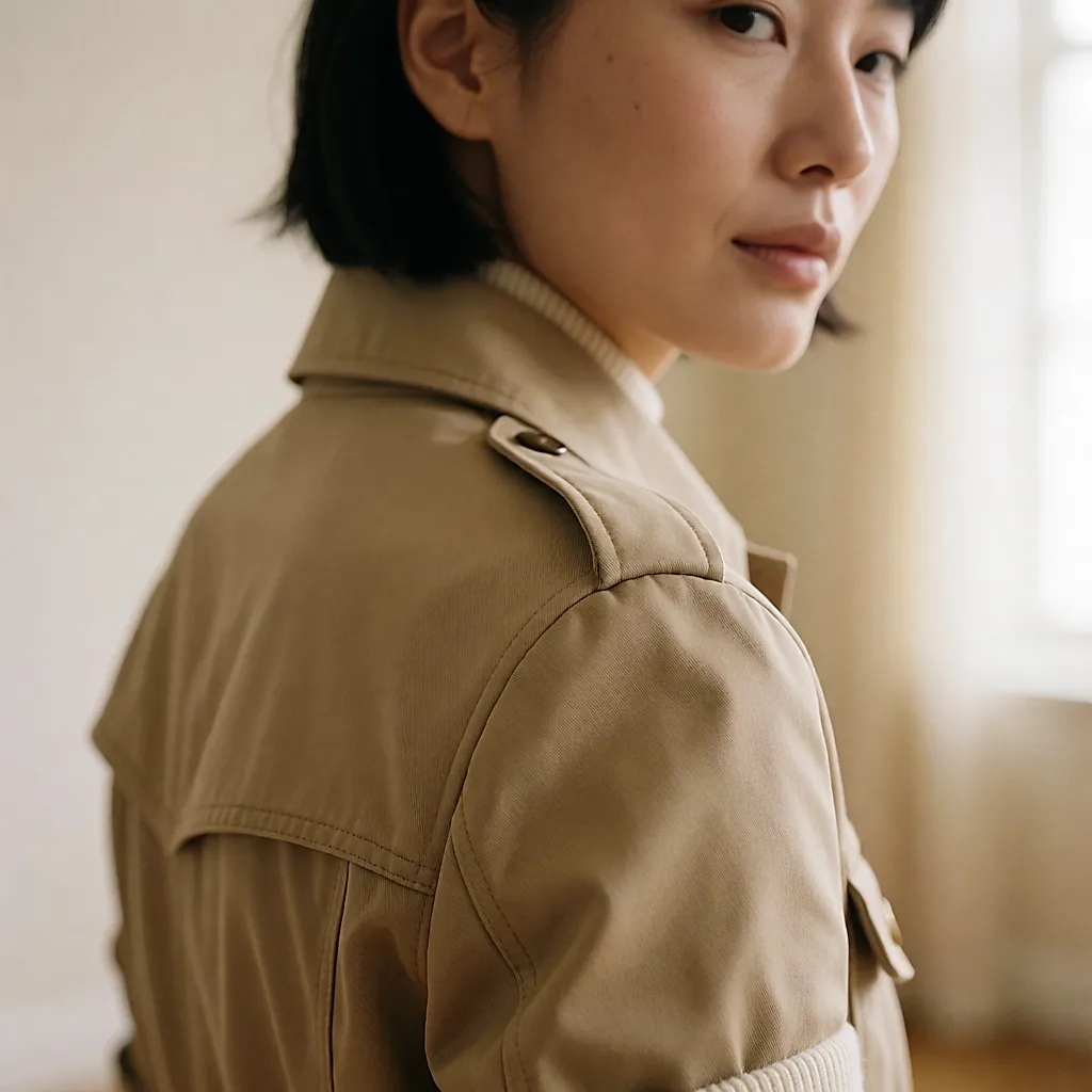 Détail de la couture d’épaule et de l’épaulette d’une saharienne en gabardine beige