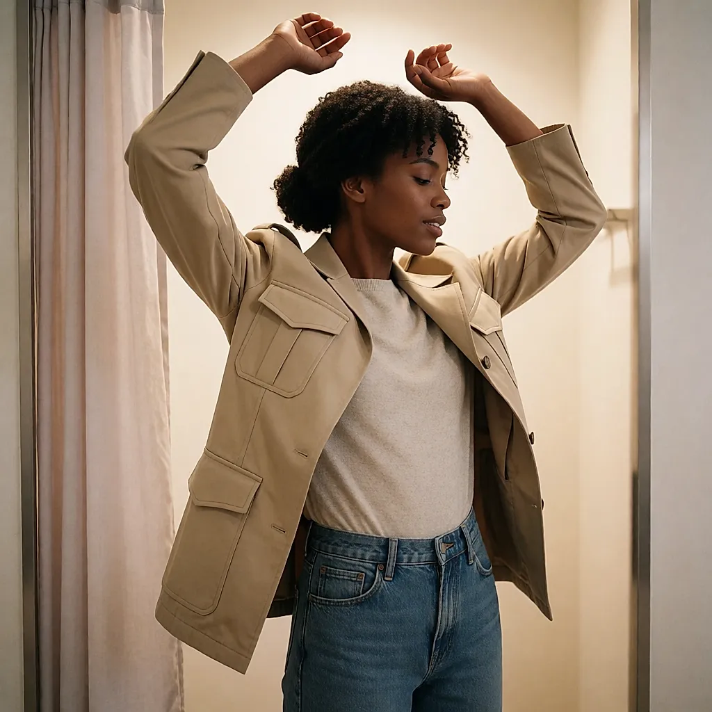 En cabine, une femme lève les bras pour tester l’aisance de l’emmanchure
