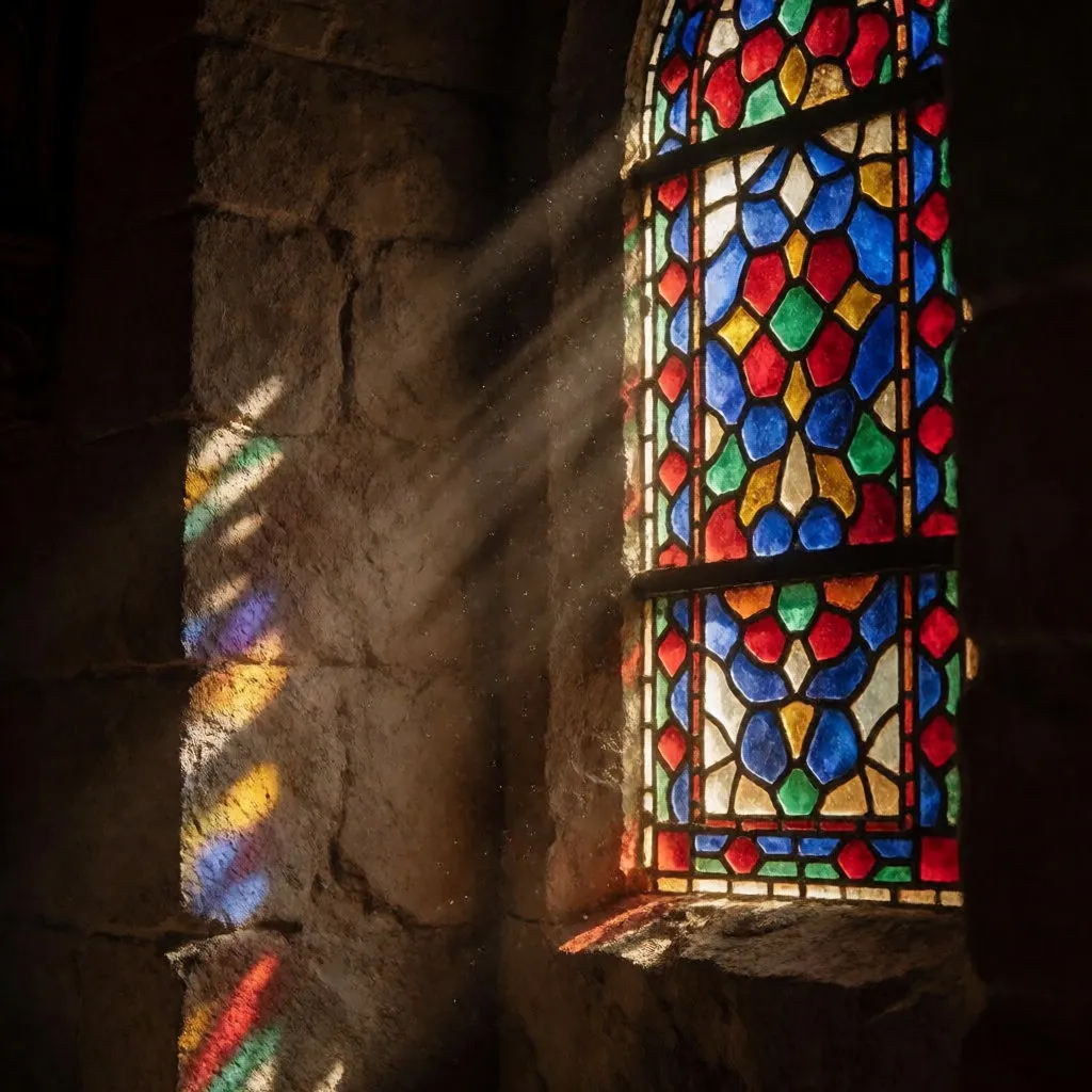 Old stained glass with deep colours lit from behind in a stone building