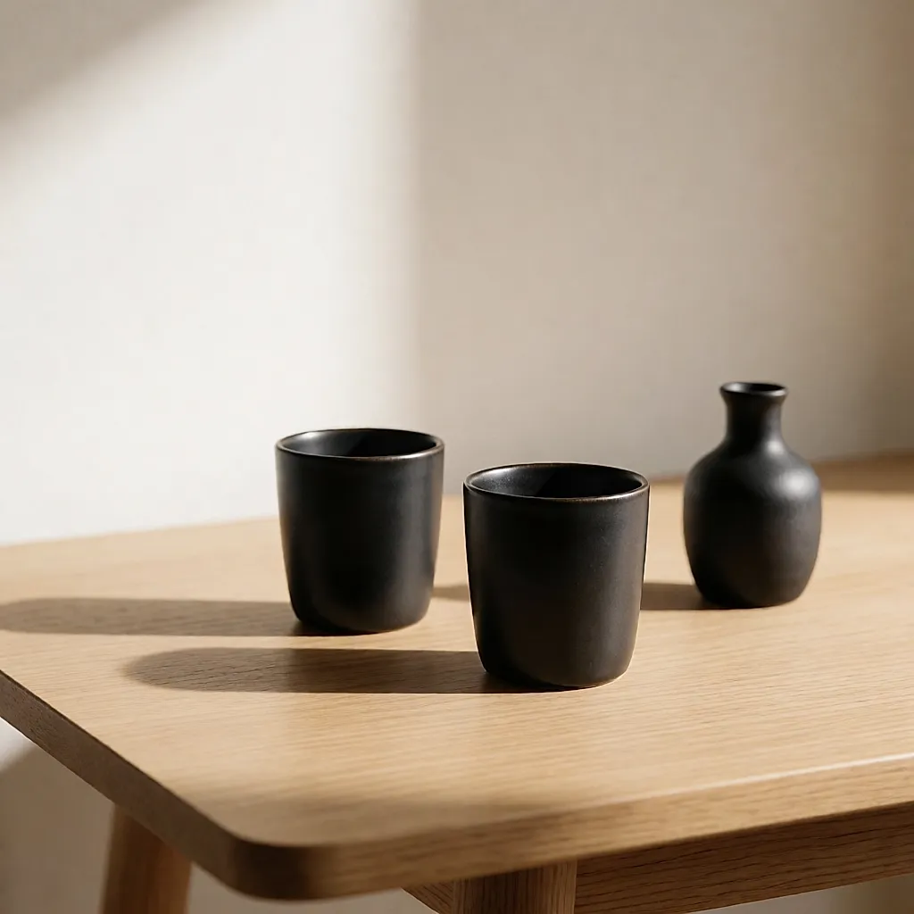 Tasses en grès noir mat et petit vase sombre sur une table en chêne clair