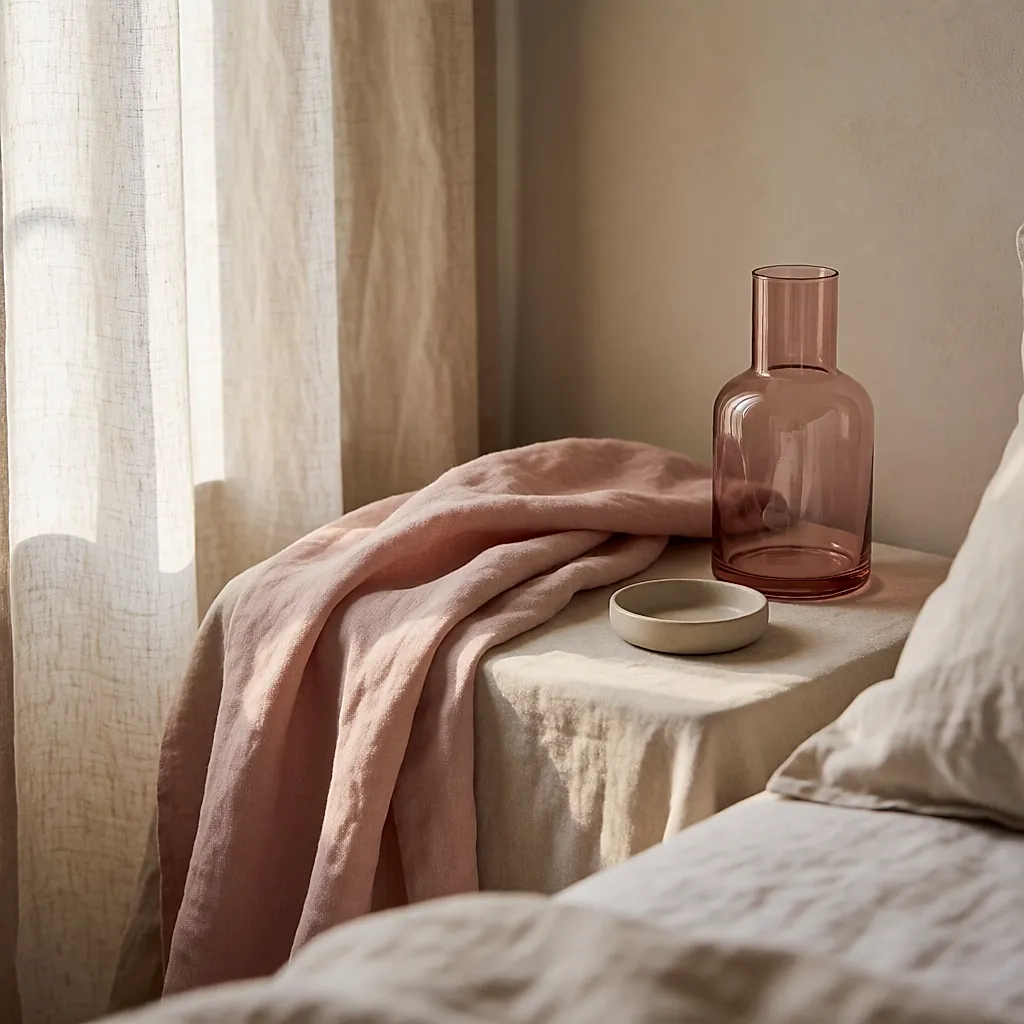 Chevet avec plaid en lin rose poudré et carafe en verre rosé, lumière douce