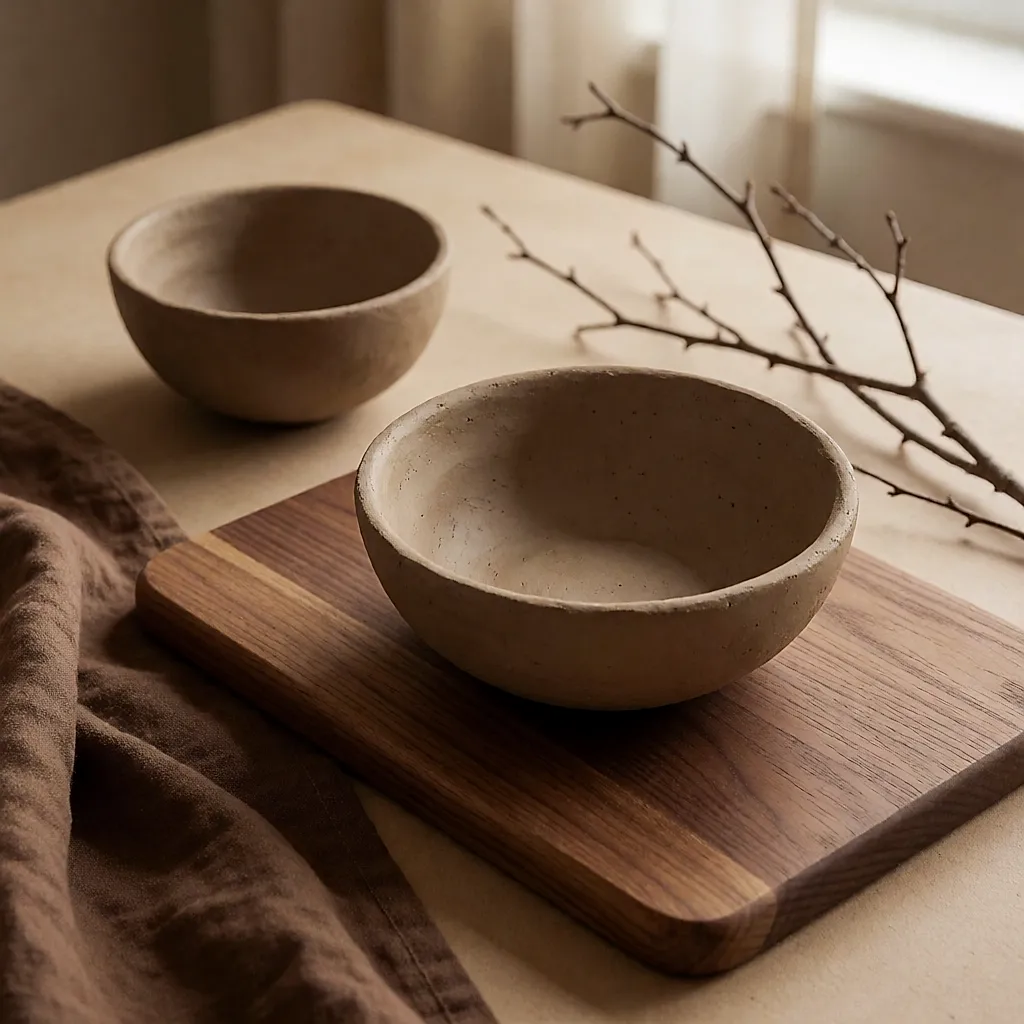 Bols en argile brute, planche en noyer et lin brun sur une table beige
