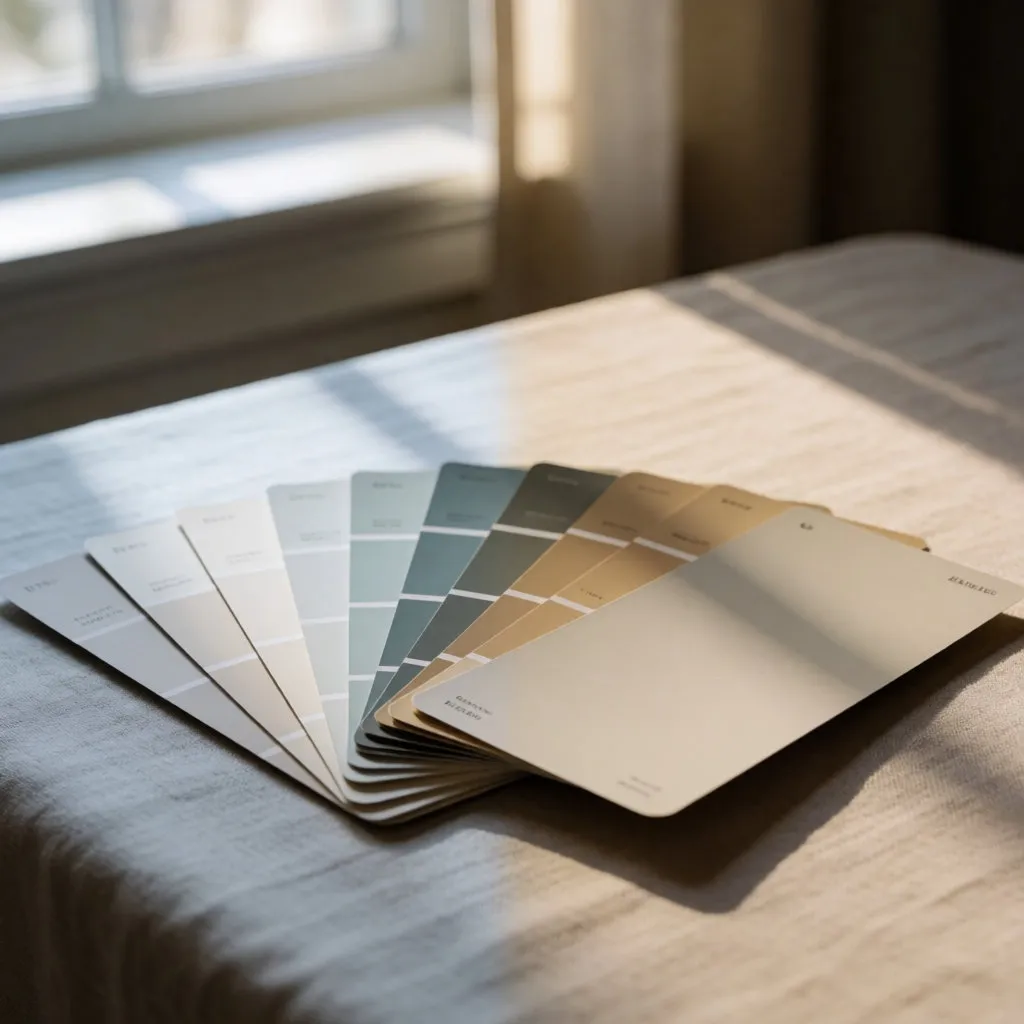 Unlabelled paint shades compared under cool and warm light