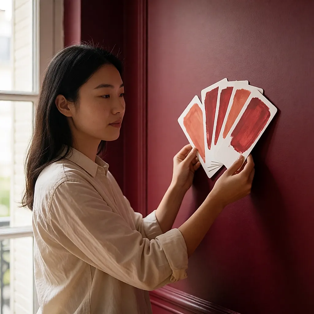 A woman comparing red paint swatches against a burgundy wall