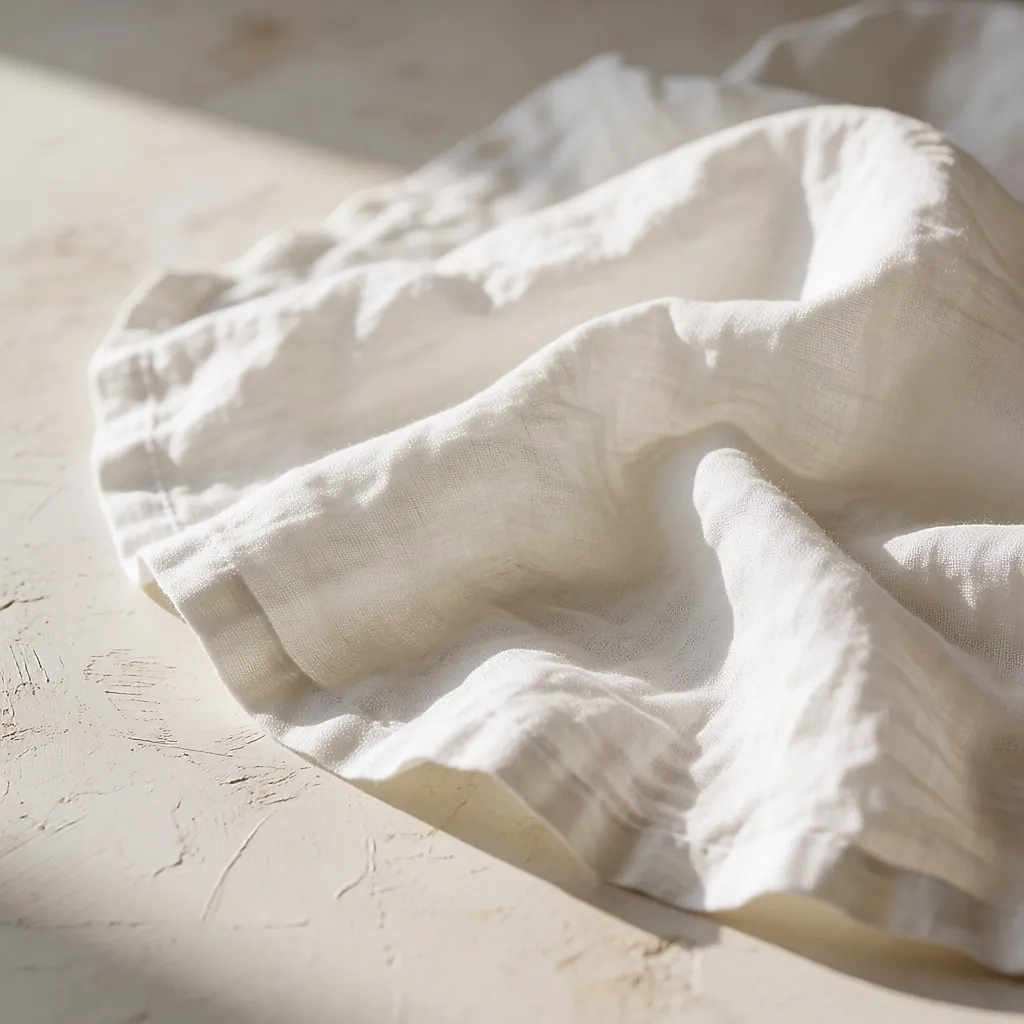Crumpled white linen on a limewashed plaster surface in raking light
