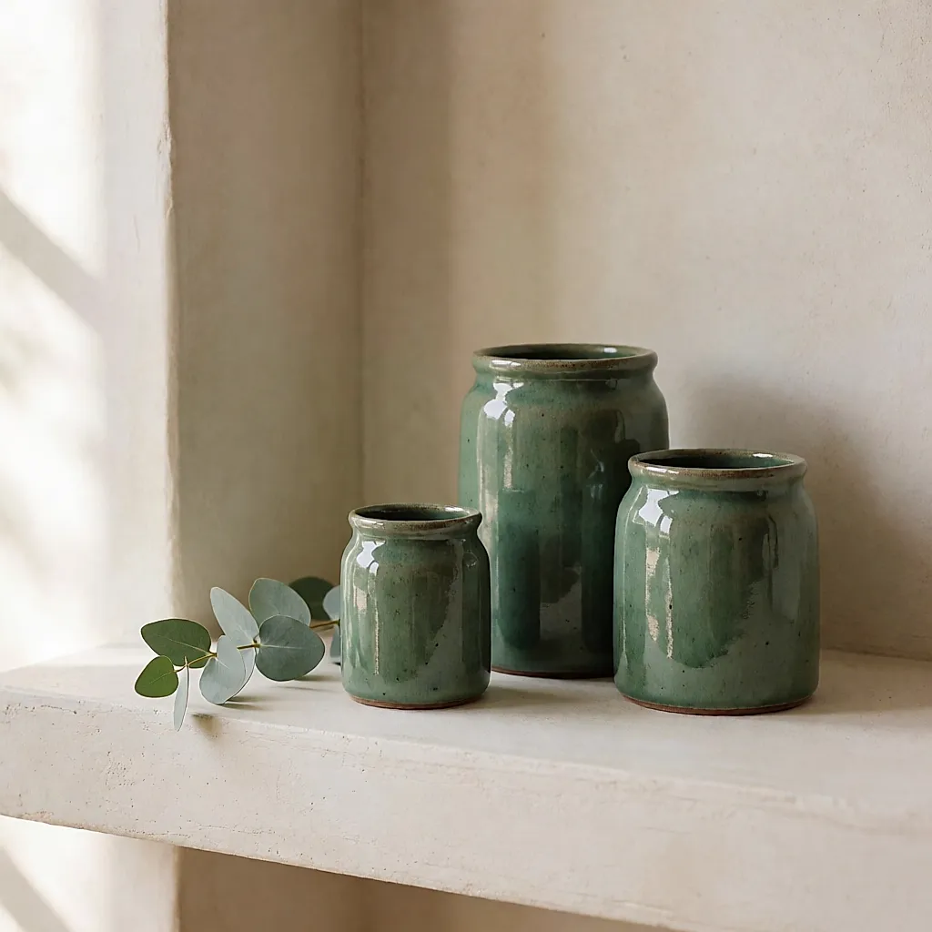 Three glazed green stoneware pots on a plaster shelf with a eucalyptus sprig