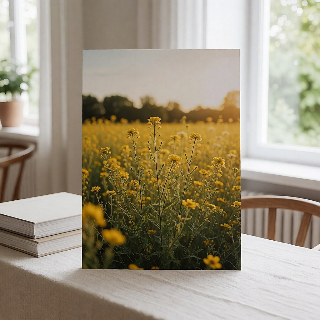 Field of yellow flowers and tall grasses in golden summer light