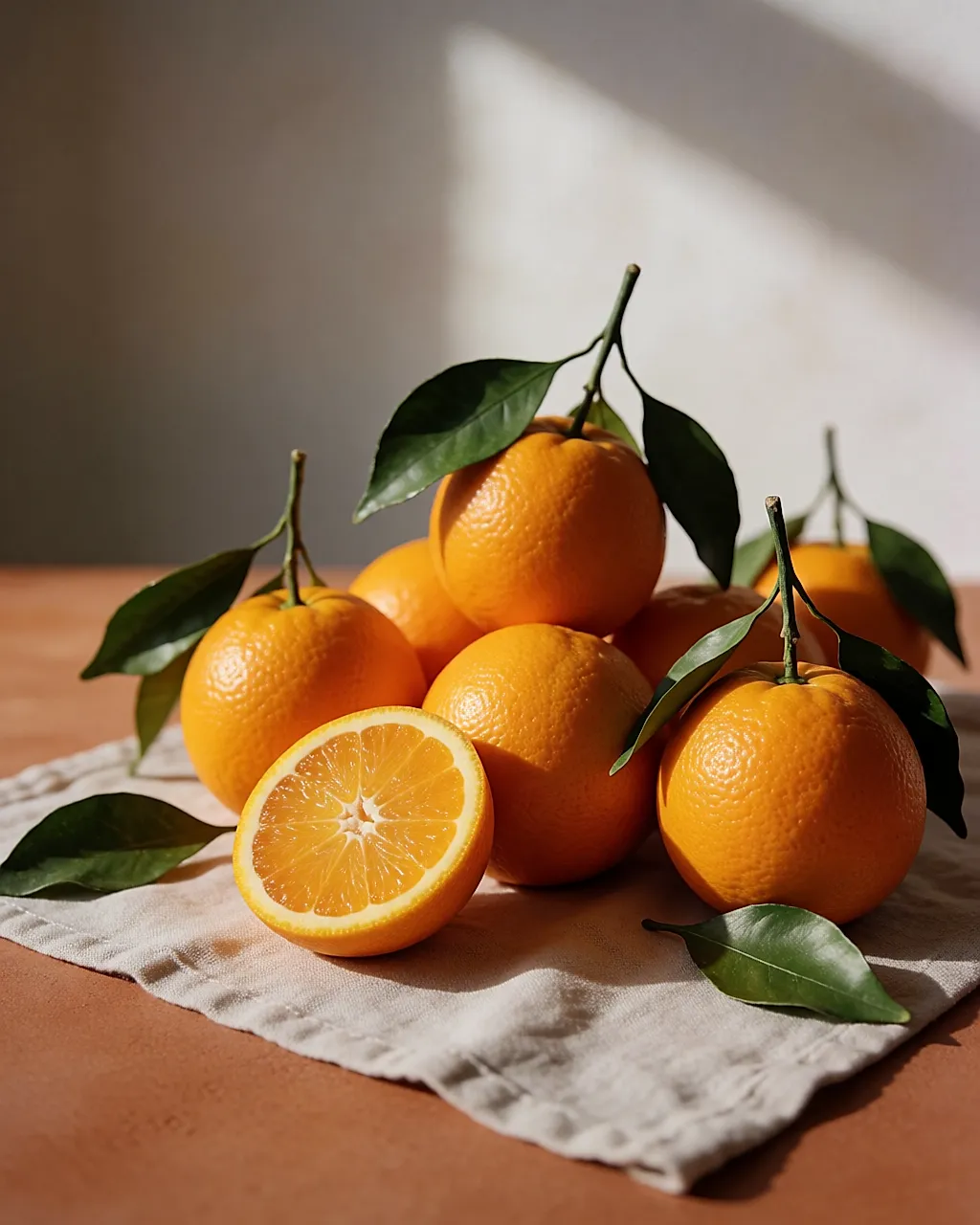 Fresh oranges with leaves and one cut in half on pale linen