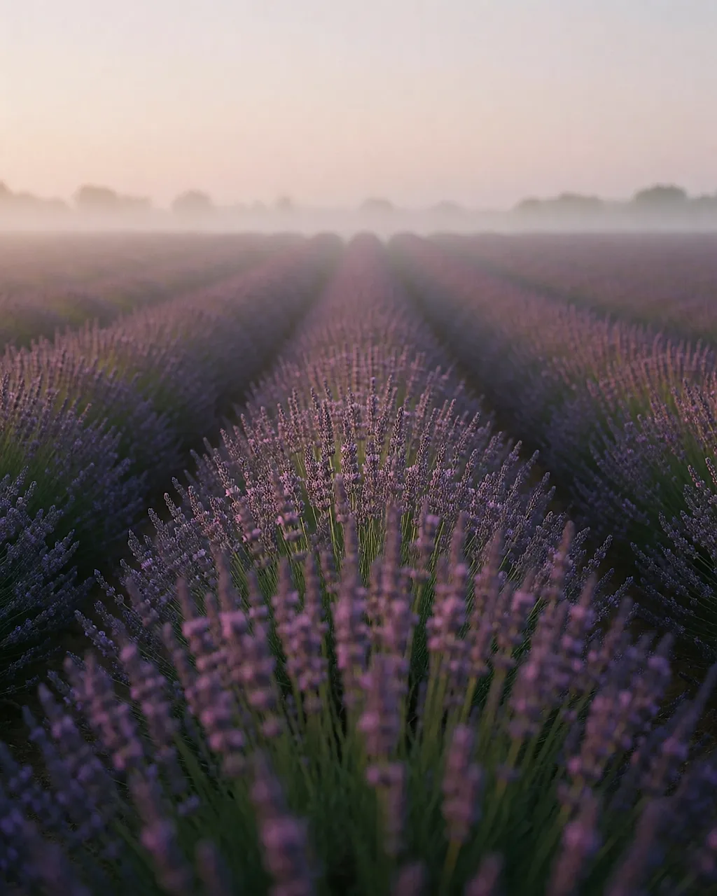 Field of purple lavender at dusk, rows fading towards a misty horizon