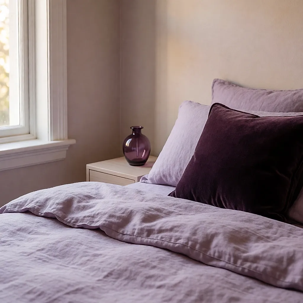 Lit en lin lavande et coussin en velours prune dans une chambre claire